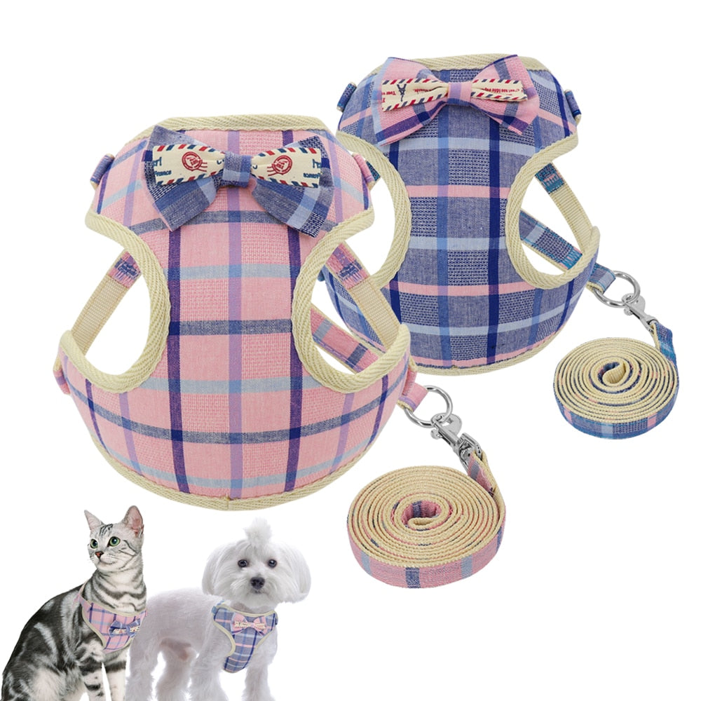 Plaid Mesh Dog Harness with Bowtie and Leash-Dog Harness-TheHonestDog