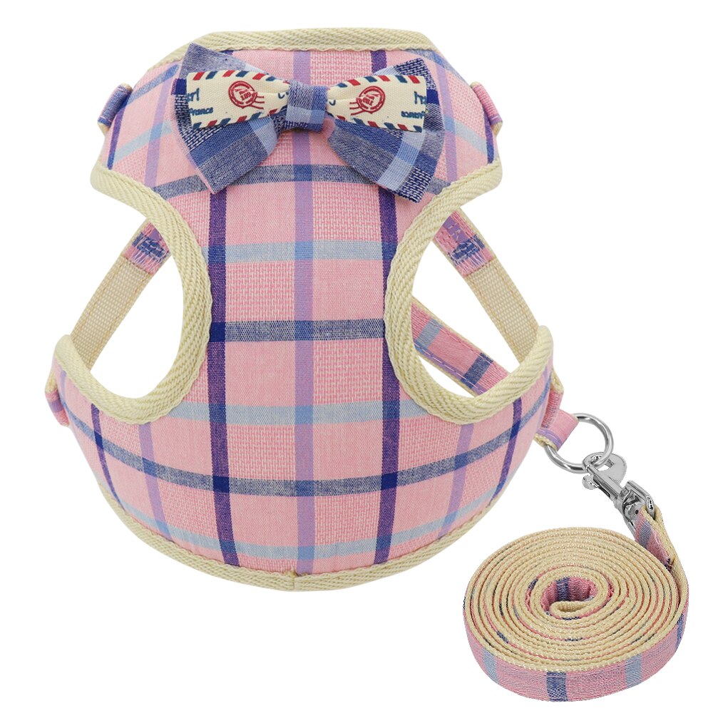 Plaid Mesh Dog Harness with Bowtie and Leash-Dog Harness-TheHonestDog